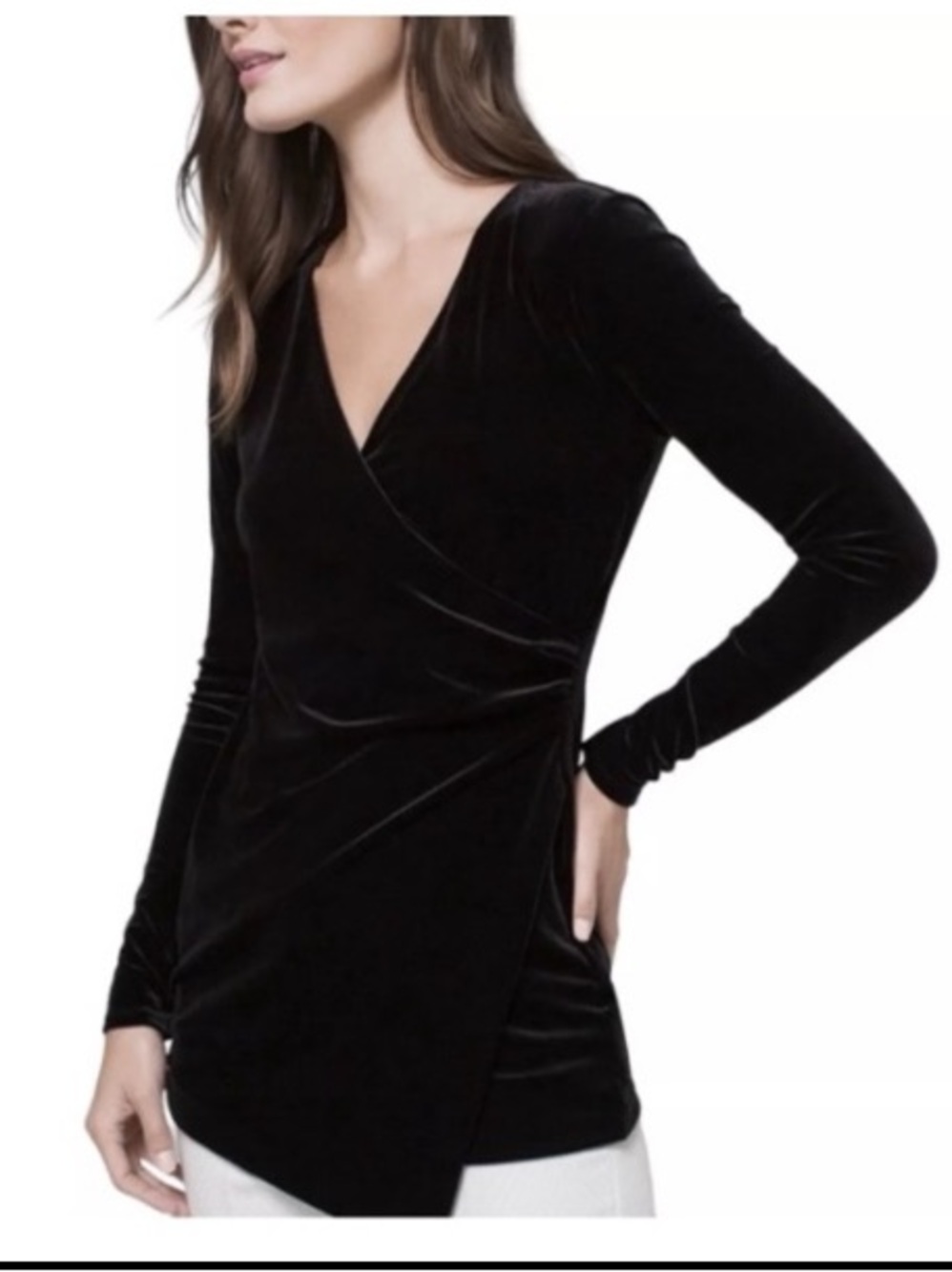 WHBM sz M Black Velour Wrap Top Long Tunic V Neck Velvet Sexy Goth Witchy Vampy